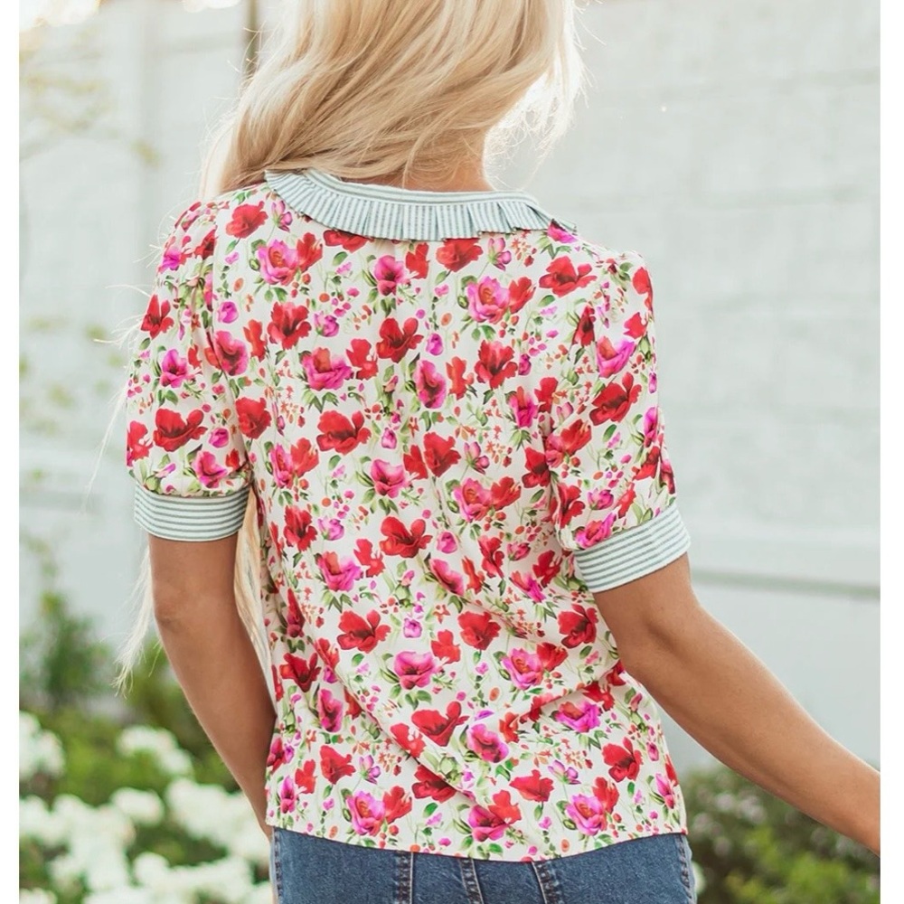 entro Floral Pink and Red Collared Blouse - Picture 5 of 12